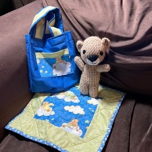 Handcrafted small reversible quilt and carry bag with preloved crocheted bear